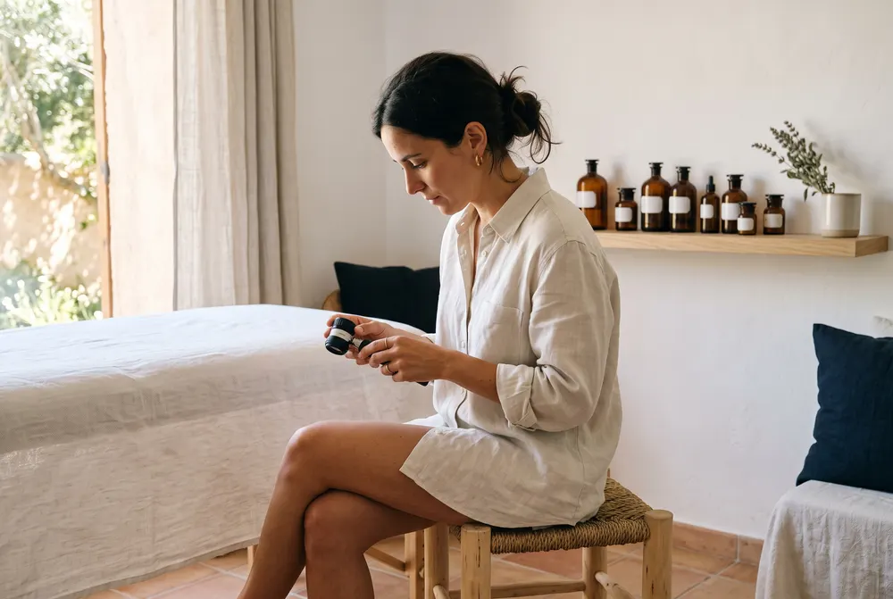 Dermatóloga sentada en una sala de tratamiento ajustando un dermatoscopio.